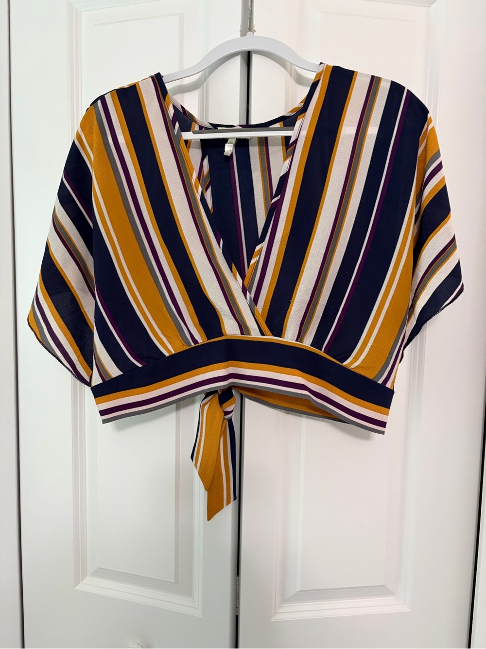 love J Striped Tie-Front Crop Top — Navy, Mustard & White